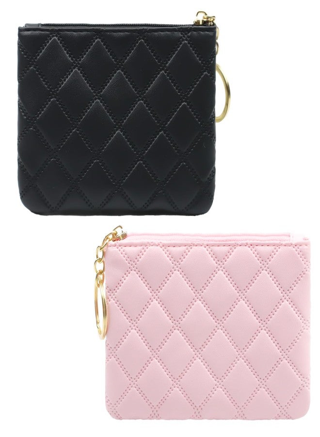 Chanseen 2Pcs Small Coin Purse for Women Mini PU Leather Zipper Change Pouch Wallet Card Holder with Key Chain for Credit Card Money Key Headset Lipstick (Black, Pink) - Image 1